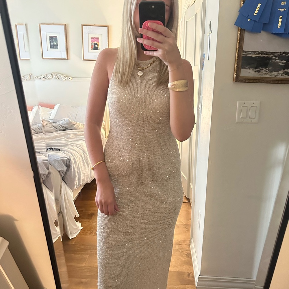 House of Harlow 1960 Glittering Beige Maxi Dress